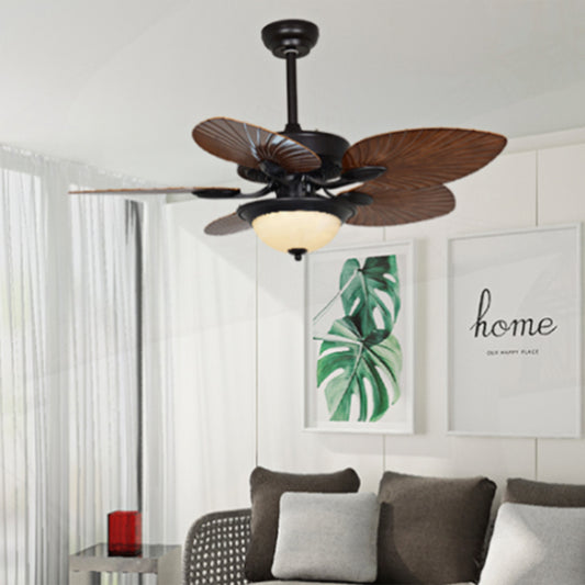 42" W LED Dome Semi Flush Light Fixture Vintage Black White Glass Ceiling Pendant Fan Lamp with 5 Leaf Shape Wood Blades, Wall/Remote Control Clearhalo 'Ceiling Fans with Lights' 'Ceiling Fans' Lighting' 407006
