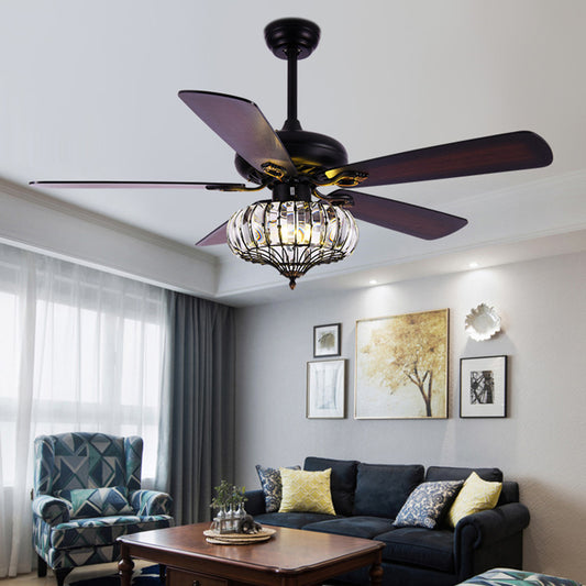 Dark Coffee LED Hanging Fan Light Traditional Crystal Round Semi Flush Mount Lamp with 5 Wooden Blades for Dining Room, 52" Wide Clearhalo 'Ceiling Fans with Lights' 'Ceiling Fans' Lighting' 407010