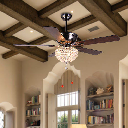 5 Blades Crystal Dome Semi Flushmount Vintage Dining Room LED Ceiling Fan Light in Dark Brown with Pull Chain, 52" Wide Clearhalo 'Ceiling Fans with Lights' 'Ceiling Fans' Lighting' 407024