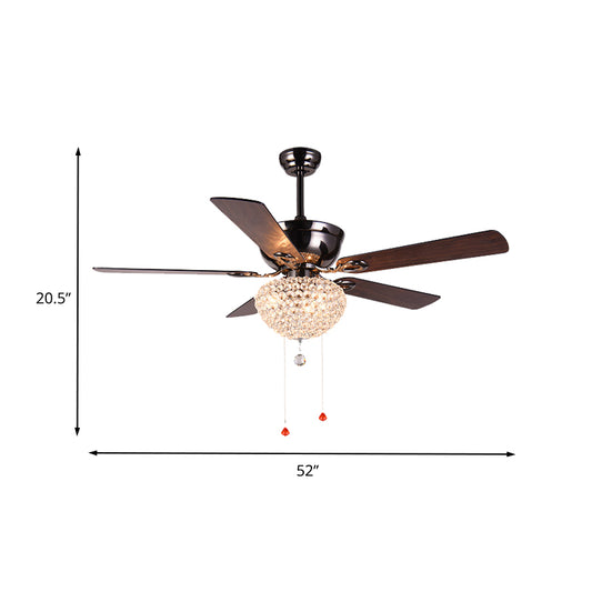 5 Blades Crystal Dome Semi Flushmount Vintage Dining Room LED Ceiling Fan Light in Dark Brown with Pull Chain, 52" Wide Clearhalo 'Ceiling Fans with Lights' 'Ceiling Fans' Lighting' 407027