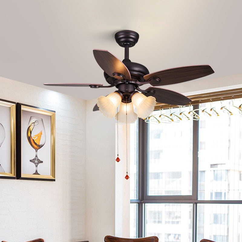 42" W 3 Lights Pendant Fan Light Vintage Floral White Glass Semi Flush Mount Lamp in Dark Coffee with 5 Wood Blades, Pull Chain/Remote Control Clearhalo 'Ceiling Fans with Lights' 'Ceiling Fans' Lighting' 407030