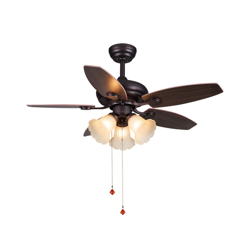 42" W 3 Lights Pendant Fan Light Vintage Floral White Glass Semi Flush Mount Lamp in Dark Coffee with 5 Wood Blades, Pull Chain/Remote Control Clearhalo 'Ceiling Fans with Lights' 'Ceiling Fans' Lighting' 407031
