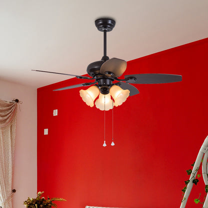 Dark Coffee 3 Heads Hanging Fan Light Traditional Frosted Glass Flower 5 Blades Semi Flush Lamp with Pull Chain/Remote Control, 42" W Dark Coffee Clearhalo 'Ceiling Fans with Lights' 'Ceiling Fans' Lighting' 407033