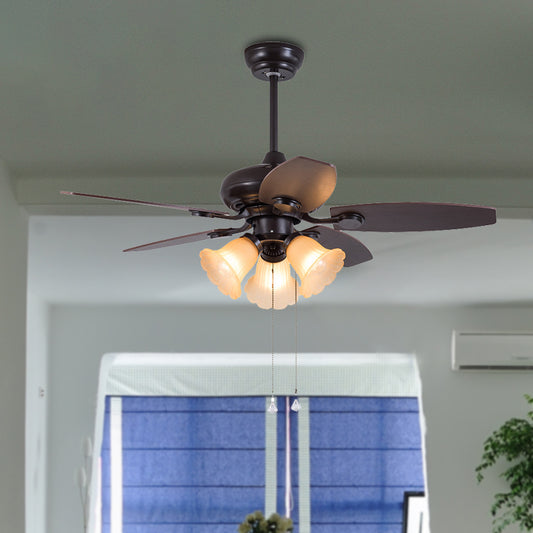 Dark Coffee 3 Heads Hanging Fan Light Traditional Frosted Glass Flower 5 Blades Semi Flush Lamp with Pull Chain/Remote Control, 42" W Clearhalo 'Ceiling Fans with Lights' 'Ceiling Fans' Lighting' 407034