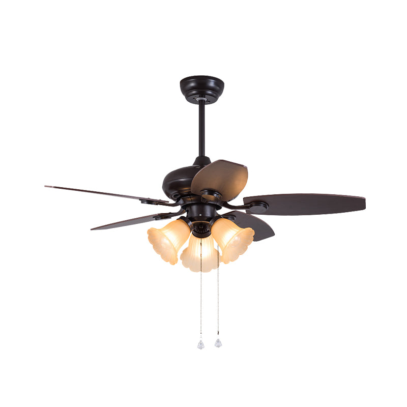 Dark Coffee 3 Heads Hanging Fan Light Traditional Frosted Glass Flower 5 Blades Semi Flush Lamp with Pull Chain/Remote Control, 42" W Clearhalo 'Ceiling Fans with Lights' 'Ceiling Fans' Lighting' 407035