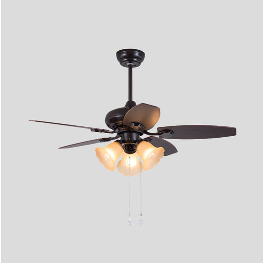 Dark Coffee 3 Heads Hanging Fan Light Traditional Frosted Glass Flower 5 Blades Semi Flush Lamp with Pull Chain/Remote Control, 42" W Clearhalo 'Ceiling Fans with Lights' 'Ceiling Fans' Lighting' 407036