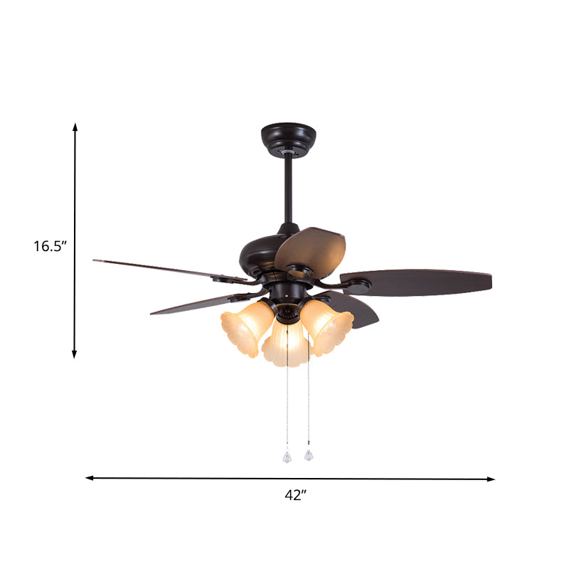 Dark Coffee 3 Heads Hanging Fan Light Traditional Frosted Glass Flower 5 Blades Semi Flush Lamp with Pull Chain/Remote Control, 42" W Clearhalo 'Ceiling Fans with Lights' 'Ceiling Fans' Lighting' 407037