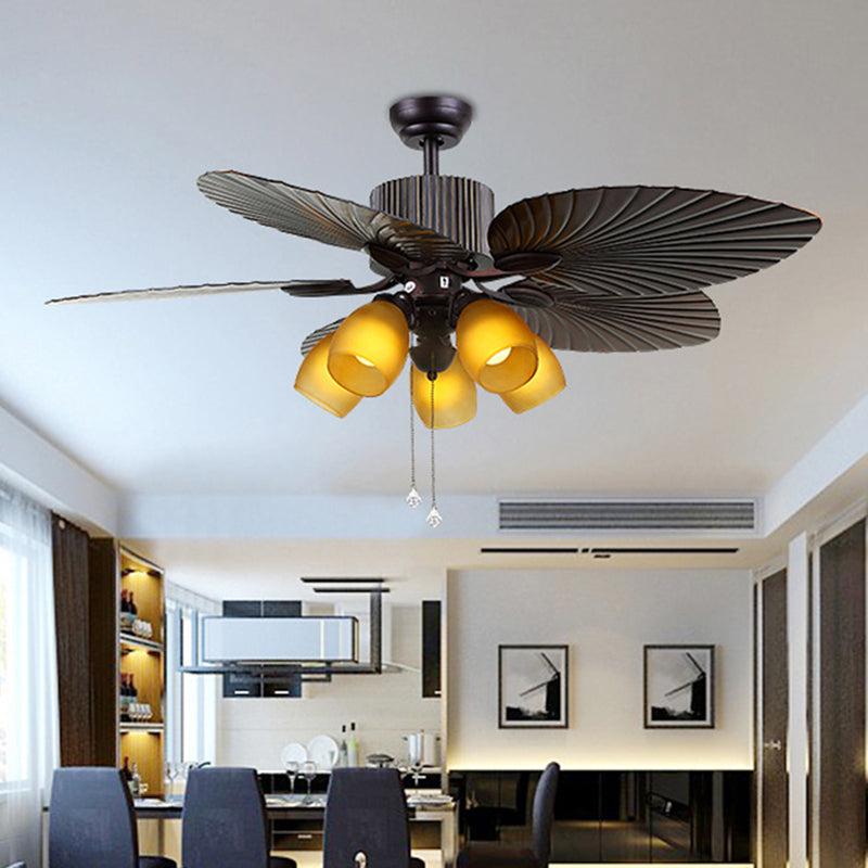 Yellow Glass Oval Semi Flush Lighting Traditional 5 Bulbs Living Room Ceiling Fan Lamp in Dark Brown with 5 Cattail Leaf Vanes, 52" W Dark Brown Clearhalo 'Ceiling Fans with Lights' 'Ceiling Fans' Lighting' 407038