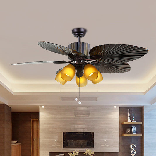 Yellow Glass Oval Semi Flush Lighting Traditional 5 Bulbs Living Room Ceiling Fan Lamp in Dark Brown with 5 Cattail Leaf Vanes, 52" W Clearhalo 'Ceiling Fans with Lights' 'Ceiling Fans' Lighting' 407039