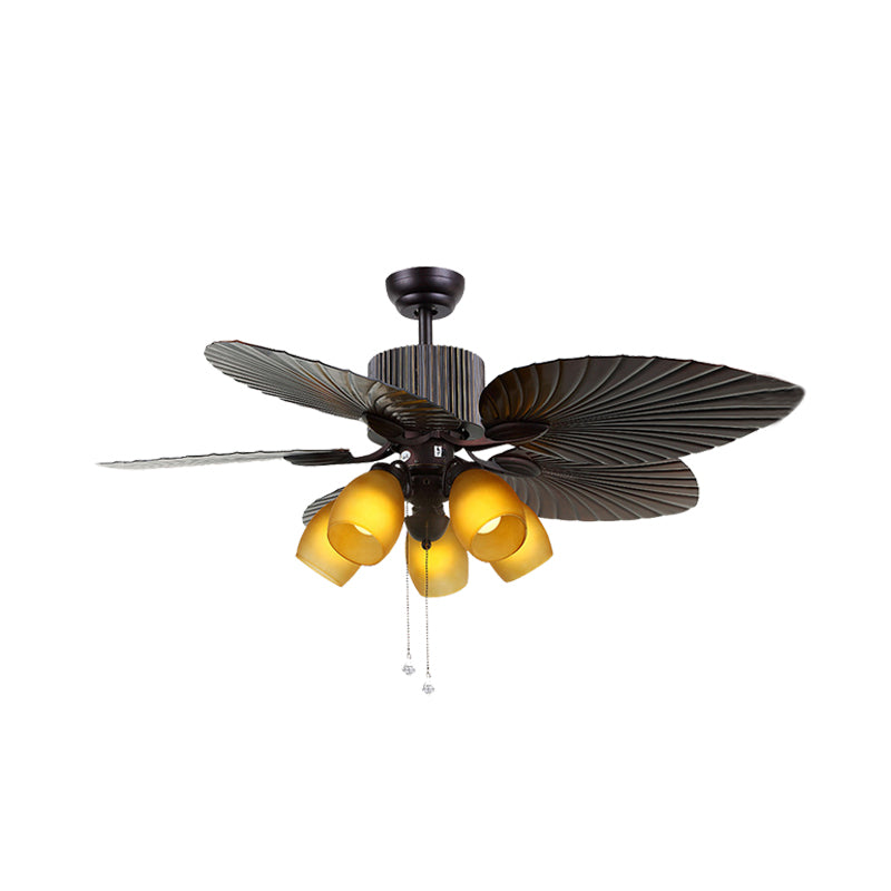 Yellow Glass Oval Semi Flush Lighting Traditional 5 Bulbs Living Room Ceiling Fan Lamp in Dark Brown with 5 Cattail Leaf Vanes, 52" W Clearhalo 'Ceiling Fans with Lights' 'Ceiling Fans' Lighting' 407040