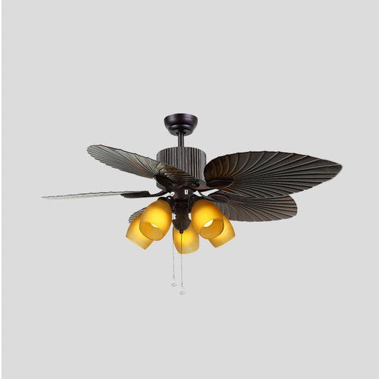Yellow Glass Oval Semi Flush Lighting Traditional 5 Bulbs Living Room Ceiling Fan Lamp in Dark Brown with 5 Cattail Leaf Vanes, 52" W Clearhalo 'Ceiling Fans with Lights' 'Ceiling Fans' Lighting' 407041