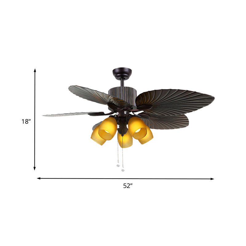 Yellow Glass Oval Semi Flush Lighting Traditional 5 Bulbs Living Room Ceiling Fan Lamp in Dark Brown with 5 Cattail Leaf Vanes, 52" W Clearhalo 'Ceiling Fans with Lights' 'Ceiling Fans' Lighting' 407042