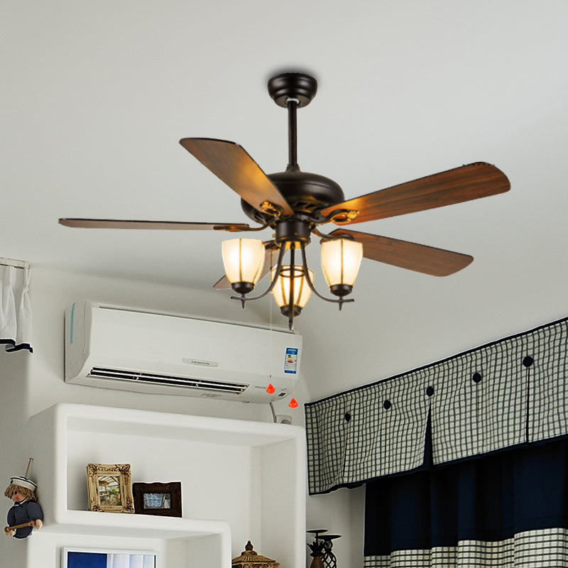 52" Wide 3-Light Ceiling Fan Lamp Vintage Cup Shape Seeded Glass 5 Bleads Semi Flush Mounted Light in Black Black Clearhalo 'Ceiling Fans with Lights' 'Ceiling Fans' Lighting' 407043