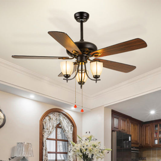 52" Wide 3-Light Ceiling Fan Lamp Vintage Cup Shape Seeded Glass 5 Bleads Semi Flush Mounted Light in Black Clearhalo 'Ceiling Fans with Lights' 'Ceiling Fans' Lighting' 407044