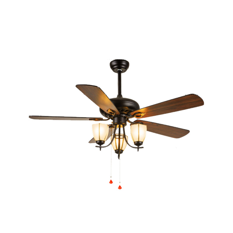 52" Wide 3-Light Ceiling Fan Lamp Vintage Cup Shape Seeded Glass 5 Bleads Semi Flush Mounted Light in Black Clearhalo 'Ceiling Fans with Lights' 'Ceiling Fans' Lighting' 407045