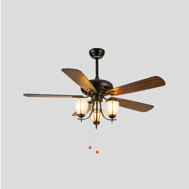52" Wide 3-Light Ceiling Fan Lamp Vintage Cup Shape Seeded Glass 5 Bleads Semi Flush Mounted Light in Black Clearhalo 'Ceiling Fans with Lights' 'Ceiling Fans' Lighting' 407046