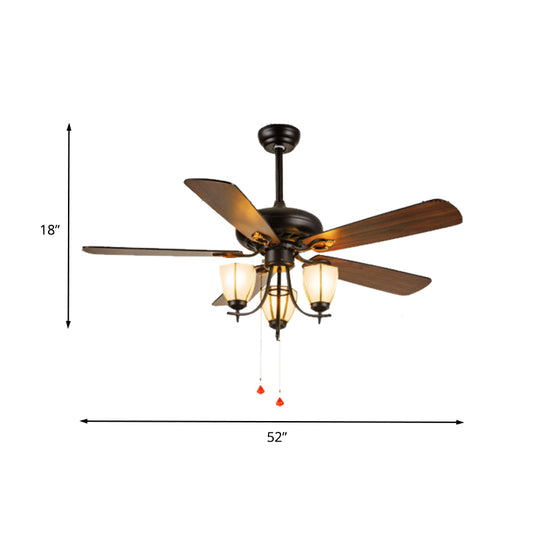 52" Wide 3-Light Ceiling Fan Lamp Vintage Cup Shape Seeded Glass 5 Bleads Semi Flush Mounted Light in Black Clearhalo 'Ceiling Fans with Lights' 'Ceiling Fans' Lighting' 407047