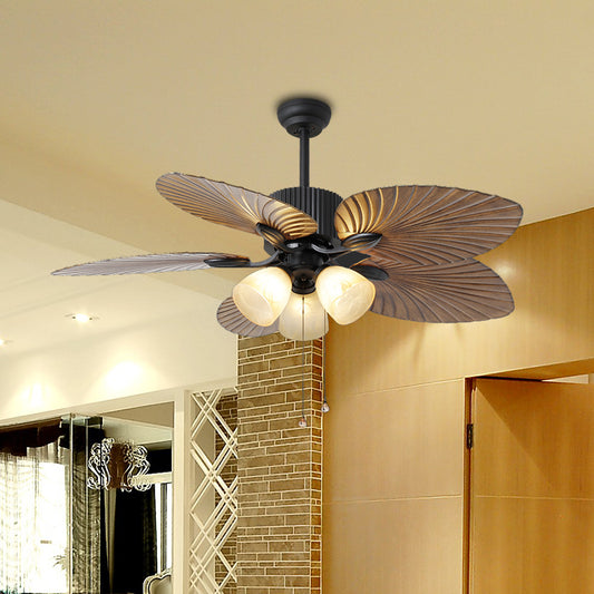 Cup White Glass Semi Flushmount Countryside 42" W 3-Head Living Room Fan Light in Brown with 5 Cattail Leaf Blades, Pull Chain/Wall Control Brown Clearhalo 'Ceiling Fans with Lights' 'Ceiling Fans' Lighting' 407048