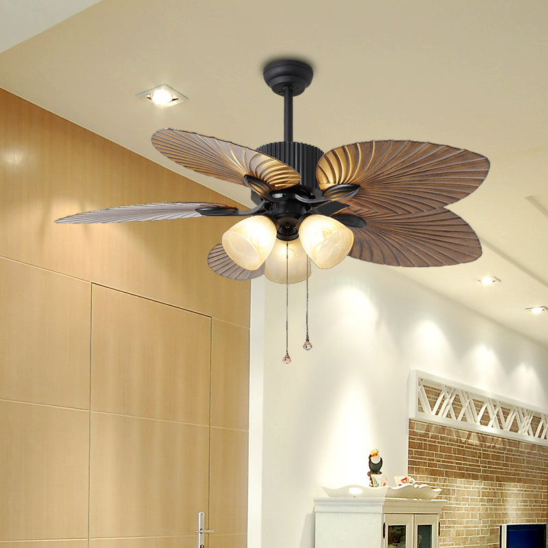 Cup White Glass Semi Flushmount Countryside 42" W 3-Head Living Room Fan Light in Brown with 5 Cattail Leaf Blades, Pull Chain/Wall Control Clearhalo 'Ceiling Fans with Lights' 'Ceiling Fans' Lighting' 407049