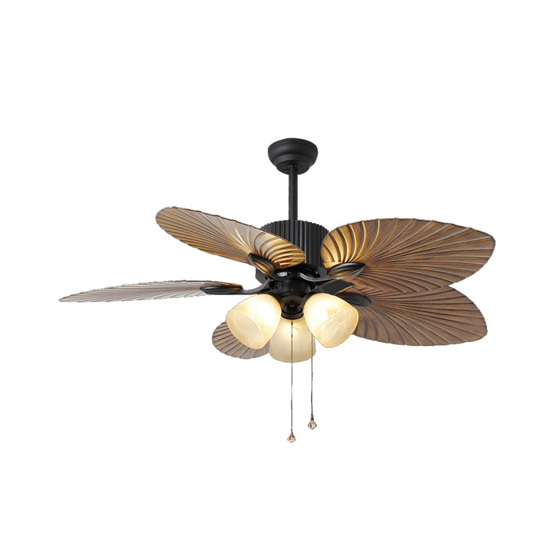 Cup White Glass Semi Flushmount Countryside 42" W 3-Head Living Room Fan Light in Brown with 5 Cattail Leaf Blades, Pull Chain/Wall Control Clearhalo 'Ceiling Fans with Lights' 'Ceiling Fans' Lighting' 407050