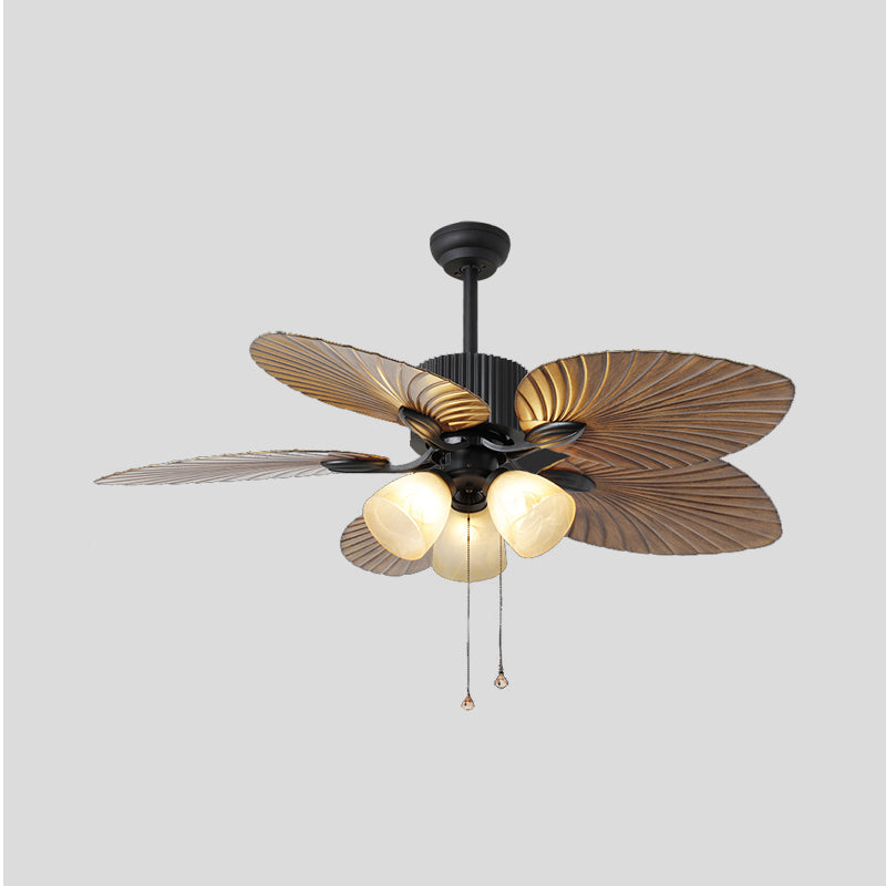 Cup White Glass Semi Flushmount Countryside 42" W 3-Head Living Room Fan Light in Brown with 5 Cattail Leaf Blades, Pull Chain/Wall Control Clearhalo 'Ceiling Fans with Lights' 'Ceiling Fans' Lighting' 407051