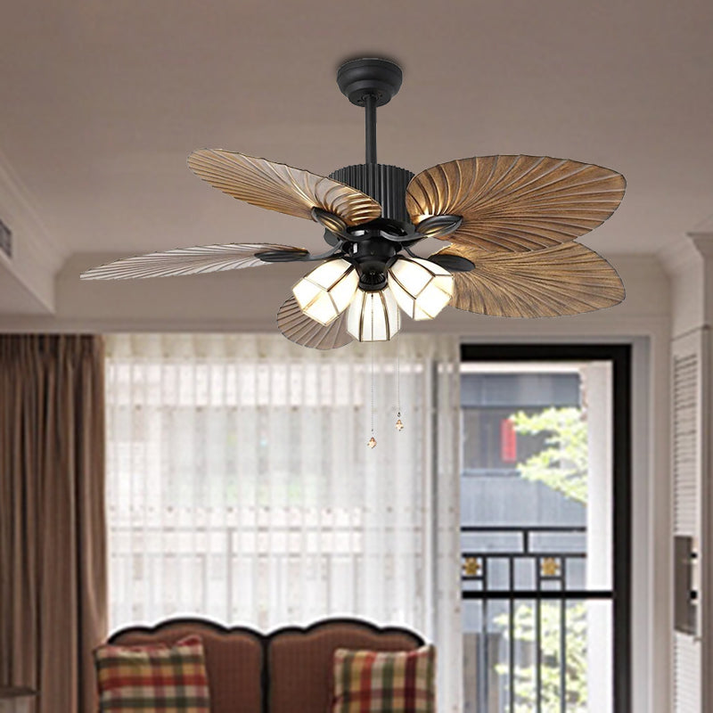 Retro Bell Hanging Fan Light Fixture 3-Bulb 42" Wide Cream Glass 5 Blades Semi Flush Lamp in Brown with Pull Chain/Wall/Remote Control Brown Clearhalo 'Ceiling Fans with Lights' 'Ceiling Fans' Lighting' 407053