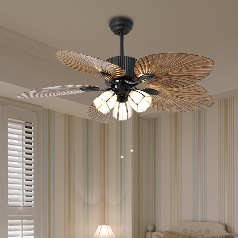 Retro Bell Hanging Fan Light Fixture 3-Bulb 42" Wide Cream Glass 5 Blades Semi Flush Lamp in Brown with Pull Chain/Wall/Remote Control Clearhalo 'Ceiling Fans with Lights' 'Ceiling Fans' Lighting' 407054