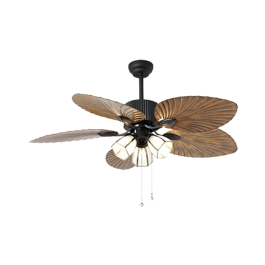 Retro Bell Hanging Fan Light Fixture 3-Bulb 42" Wide Cream Glass 5 Blades Semi Flush Lamp in Brown with Pull Chain/Wall/Remote Control Clearhalo 'Ceiling Fans with Lights' 'Ceiling Fans' Lighting' 407055