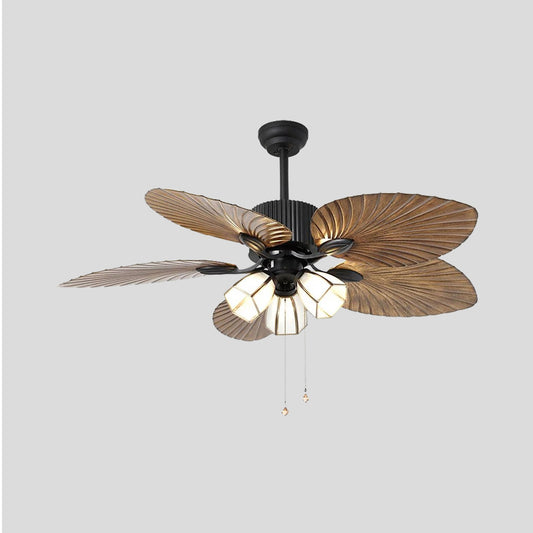 Retro Bell Hanging Fan Light Fixture 3-Bulb 42" Wide Cream Glass 5 Blades Semi Flush Lamp in Brown with Pull Chain/Wall/Remote Control Clearhalo 'Ceiling Fans with Lights' 'Ceiling Fans' Lighting' 407056