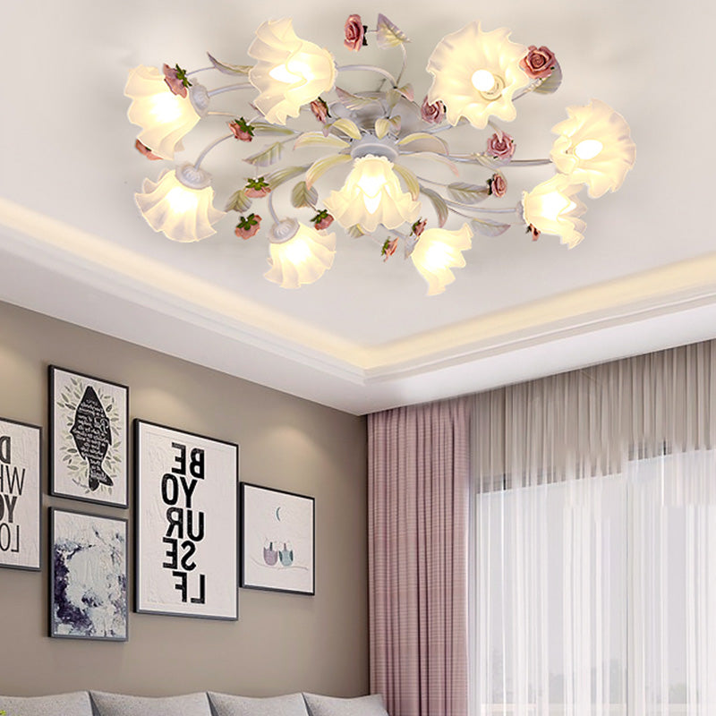 Pastoral Blossom Ceiling Mounted Fixture 4/6/7 Lights Metal Semi Flush Mount Lighting in White for Living Room 9 White Clearhalo 'Ceiling Lights' 'Close To Ceiling Lights' 'Close to ceiling' 'Semi-flushmount' Lighting' 407058