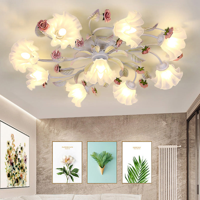 Pastoral Blossom Ceiling Mounted Fixture 4/6/7 Lights Metal Semi Flush Mount Lighting in White for Living Room Clearhalo 'Ceiling Lights' 'Close To Ceiling Lights' 'Close to ceiling' 'Semi-flushmount' Lighting' 407059