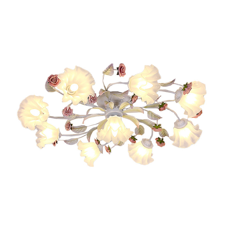 Pastoral Blossom Ceiling Mounted Fixture 4/6/7 Lights Metal Semi Flush Mount Lighting in White for Living Room Clearhalo 'Ceiling Lights' 'Close To Ceiling Lights' 'Close to ceiling' 'Semi-flushmount' Lighting' 407060