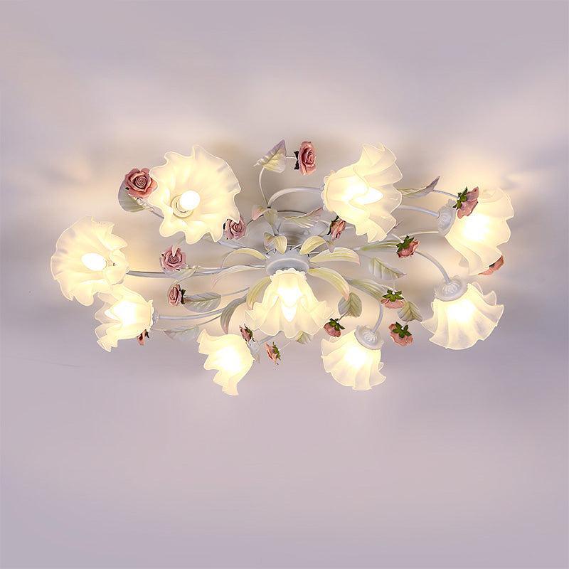 Pastoral Blossom Ceiling Mounted Fixture 4/6/7 Lights Metal Semi Flush Mount Lighting in White for Living Room Clearhalo 'Ceiling Lights' 'Close To Ceiling Lights' 'Close to ceiling' 'Semi-flushmount' Lighting' 407061