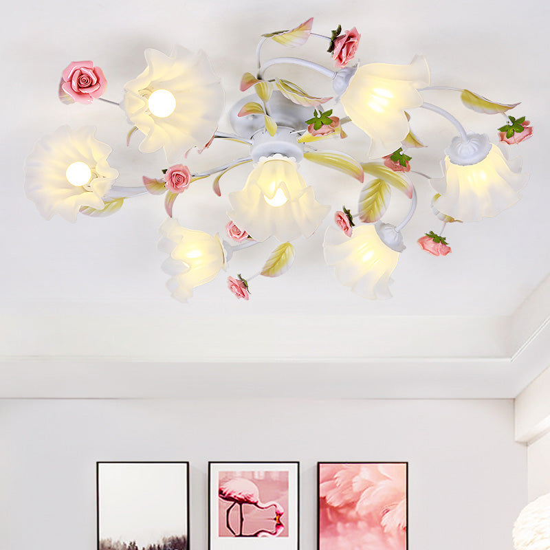 Pastoral Blossom Ceiling Mounted Fixture 4/6/7 Lights Metal Semi Flush Mount Lighting in White for Living Room 7 White Clearhalo 'Ceiling Lights' 'Close To Ceiling Lights' 'Close to ceiling' 'Semi-flushmount' Lighting' 407063
