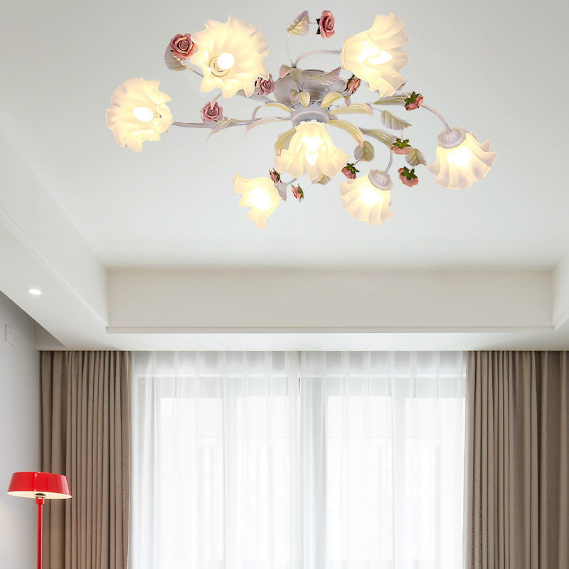 Pastoral Blossom Ceiling Mounted Fixture 4/6/7 Lights Metal Semi Flush Mount Lighting in White for Living Room Clearhalo 'Ceiling Lights' 'Close To Ceiling Lights' 'Close to ceiling' 'Semi-flushmount' Lighting' 407064