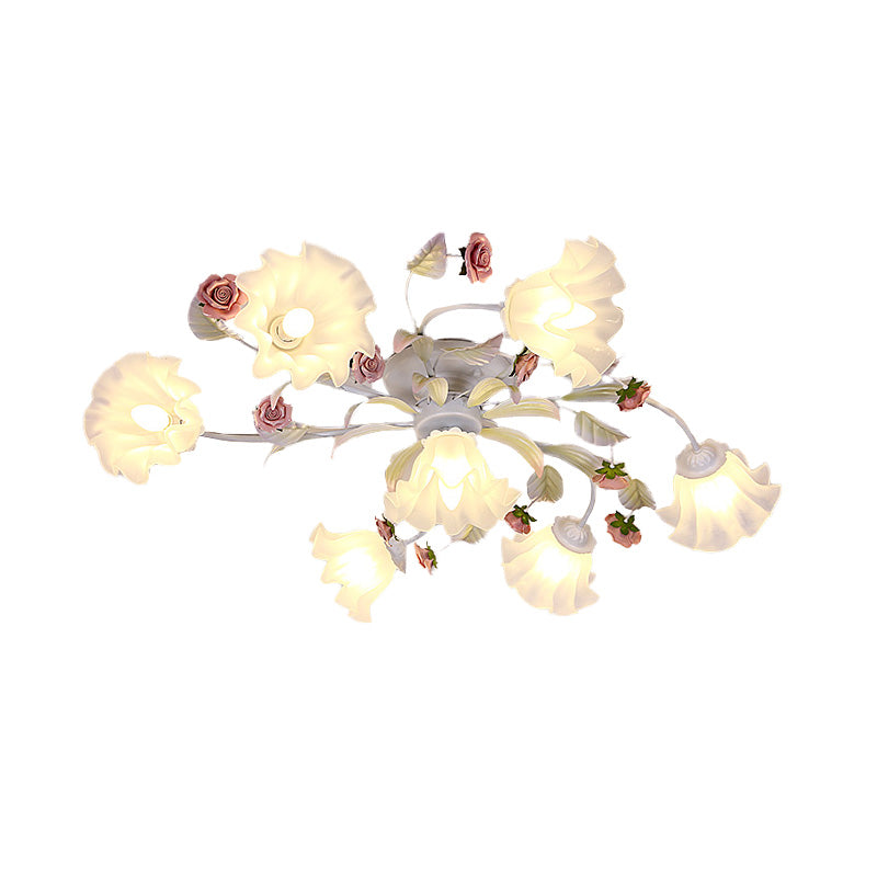 Pastoral Blossom Ceiling Mounted Fixture 4/6/7 Lights Metal Semi Flush Mount Lighting in White for Living Room Clearhalo 'Ceiling Lights' 'Close To Ceiling Lights' 'Close to ceiling' 'Semi-flushmount' Lighting' 407065