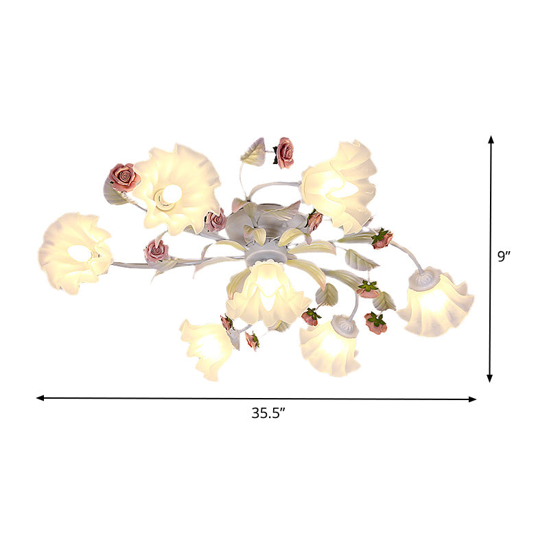 Pastoral Blossom Ceiling Mounted Fixture 4/6/7 Lights Metal Semi Flush Mount Lighting in White for Living Room Clearhalo 'Ceiling Lights' 'Close To Ceiling Lights' 'Close to ceiling' 'Semi-flushmount' Lighting' 407066