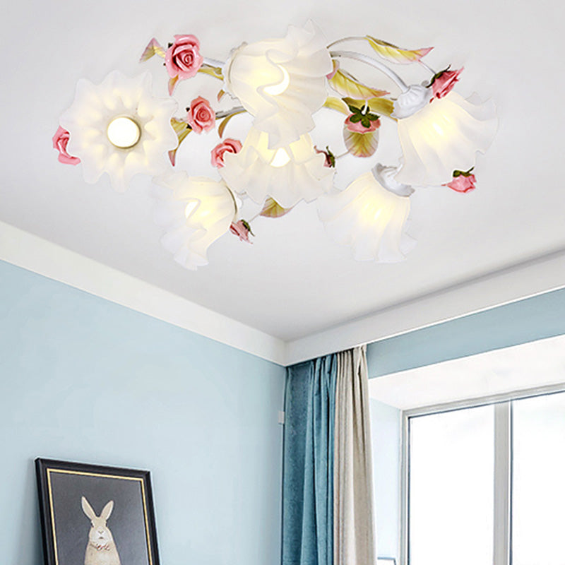 Pastoral Blossom Ceiling Mounted Fixture 4/6/7 Lights Metal Semi Flush Mount Lighting in White for Living Room 6 White Clearhalo 'Ceiling Lights' 'Close To Ceiling Lights' 'Close to ceiling' 'Semi-flushmount' Lighting' 407067
