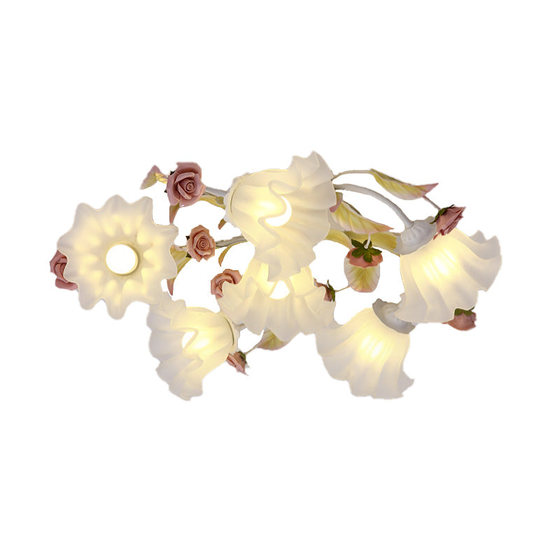 Pastoral Blossom Ceiling Mounted Fixture 4/6/7 Lights Metal Semi Flush Mount Lighting in White for Living Room Clearhalo 'Ceiling Lights' 'Close To Ceiling Lights' 'Close to ceiling' 'Semi-flushmount' Lighting' 407069