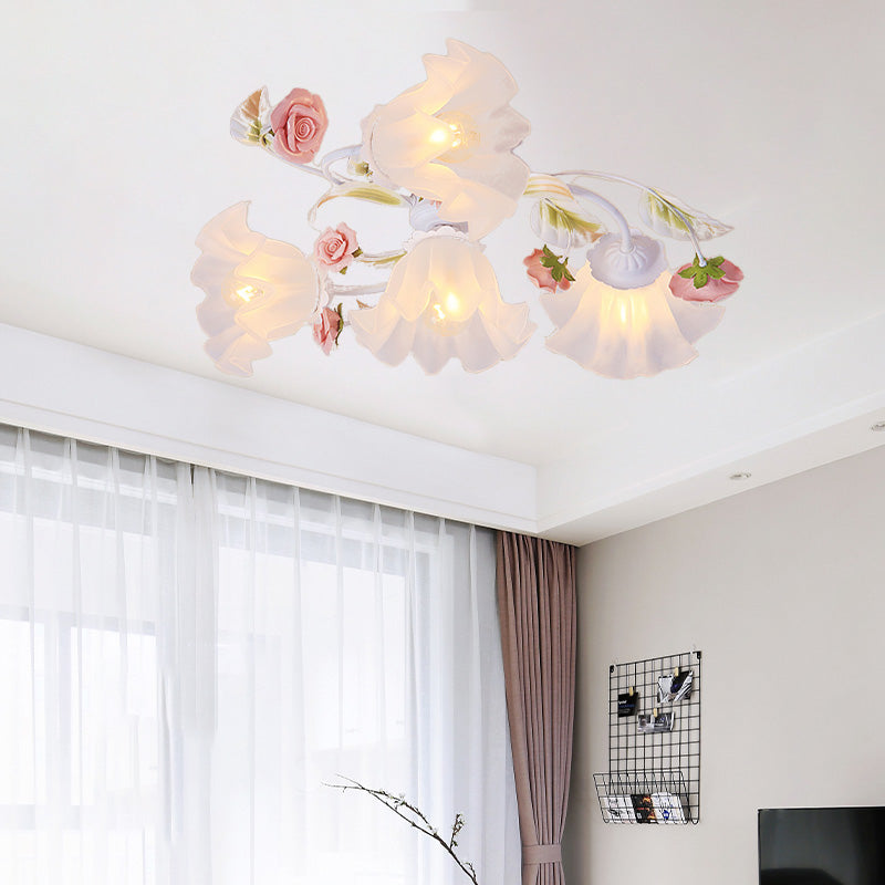 Pastoral Blossom Ceiling Mounted Fixture 4/6/7 Lights Metal Semi Flush Mount Lighting in White for Living Room Clearhalo 'Ceiling Lights' 'Close To Ceiling Lights' 'Close to ceiling' 'Semi-flushmount' Lighting' 407072