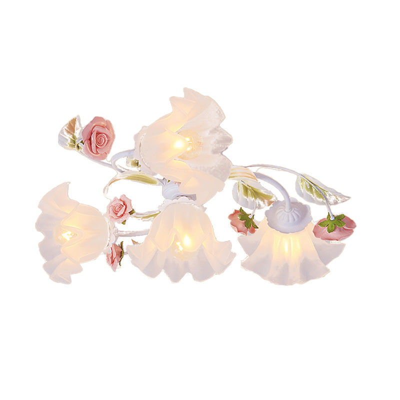 Pastoral Blossom Ceiling Mounted Fixture 4/6/7 Lights Metal Semi Flush Mount Lighting in White for Living Room Clearhalo 'Ceiling Lights' 'Close To Ceiling Lights' 'Close to ceiling' 'Semi-flushmount' Lighting' 407073