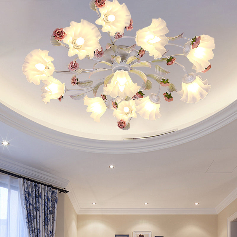 Pastoral Blossom Ceiling Mounted Fixture 4/6/7 Lights Metal Semi Flush Mount Lighting in White for Living Room 11 White Clearhalo 'Ceiling Lights' 'Close To Ceiling Lights' 'Close to ceiling' 'Semi-flushmount' Lighting' 407075