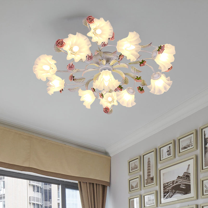 Pastoral Blossom Ceiling Mounted Fixture 4/6/7 Lights Metal Semi Flush Mount Lighting in White for Living Room Clearhalo 'Ceiling Lights' 'Close To Ceiling Lights' 'Close to ceiling' 'Semi-flushmount' Lighting' 407076
