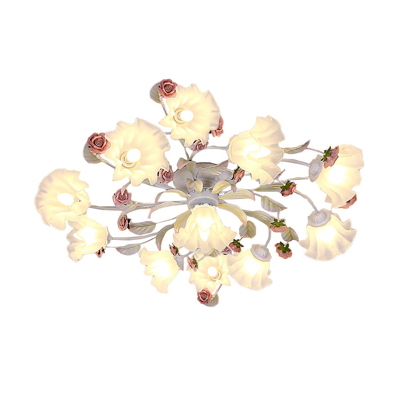 Pastoral Blossom Ceiling Mounted Fixture 4/6/7 Lights Metal Semi Flush Mount Lighting in White for Living Room Clearhalo 'Ceiling Lights' 'Close To Ceiling Lights' 'Close to ceiling' 'Semi-flushmount' Lighting' 407077