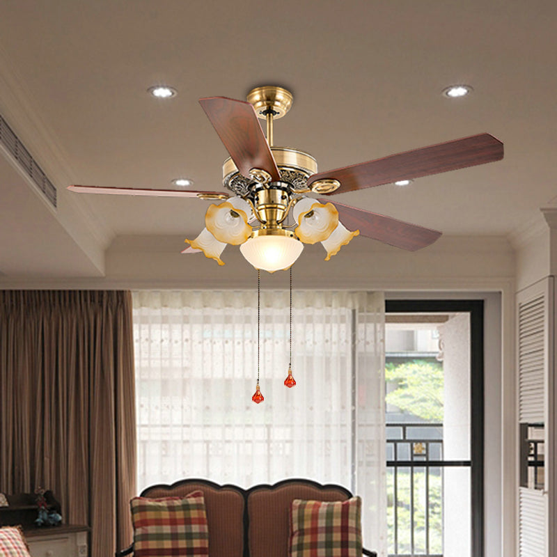 48" W Gold 6 Lights Semi Flush Lighting Antiqued Metal Round 5 Wood Blades Hanging Ceiling Fan Lamp with Floral Opal Glass Shade, Pull Chain/Remote/Wall Control Clearhalo 'Ceiling Fans with Lights' 'Ceiling Fans' Lighting' 407080