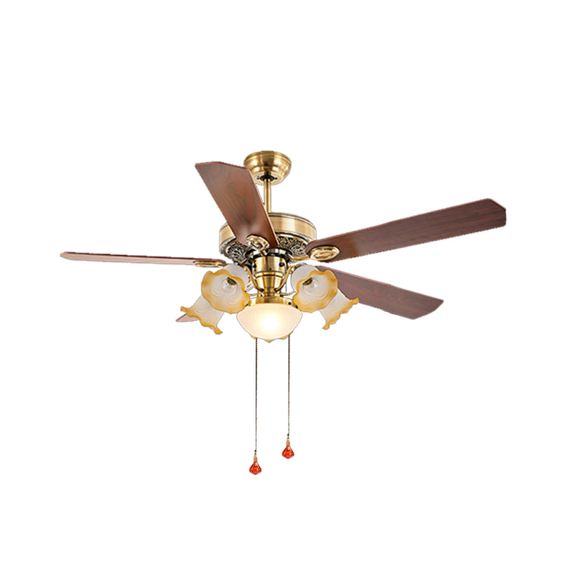 48" W Gold 6 Lights Semi Flush Lighting Antiqued Metal Round 5 Wood Blades Hanging Ceiling Fan Lamp with Floral Opal Glass Shade, Pull Chain/Remote/Wall Control Clearhalo 'Ceiling Fans with Lights' 'Ceiling Fans' Lighting' 407081