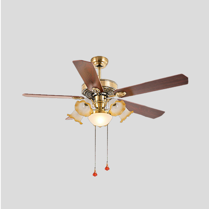 48" W Gold 6 Lights Semi Flush Lighting Antiqued Metal Round 5 Wood Blades Hanging Ceiling Fan Lamp with Floral Opal Glass Shade, Pull Chain/Remote/Wall Control Clearhalo 'Ceiling Fans with Lights' 'Ceiling Fans' Lighting' 407082