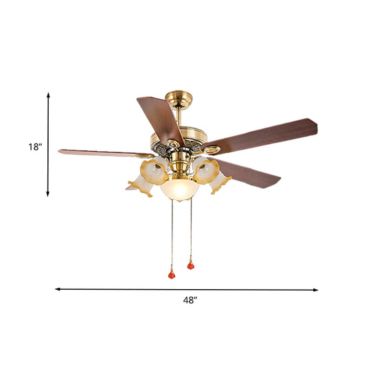 48" W Gold 6 Lights Semi Flush Lighting Antiqued Metal Round 5 Wood Blades Hanging Ceiling Fan Lamp with Floral Opal Glass Shade, Pull Chain/Remote/Wall Control Clearhalo 'Ceiling Fans with Lights' 'Ceiling Fans' Lighting' 407083