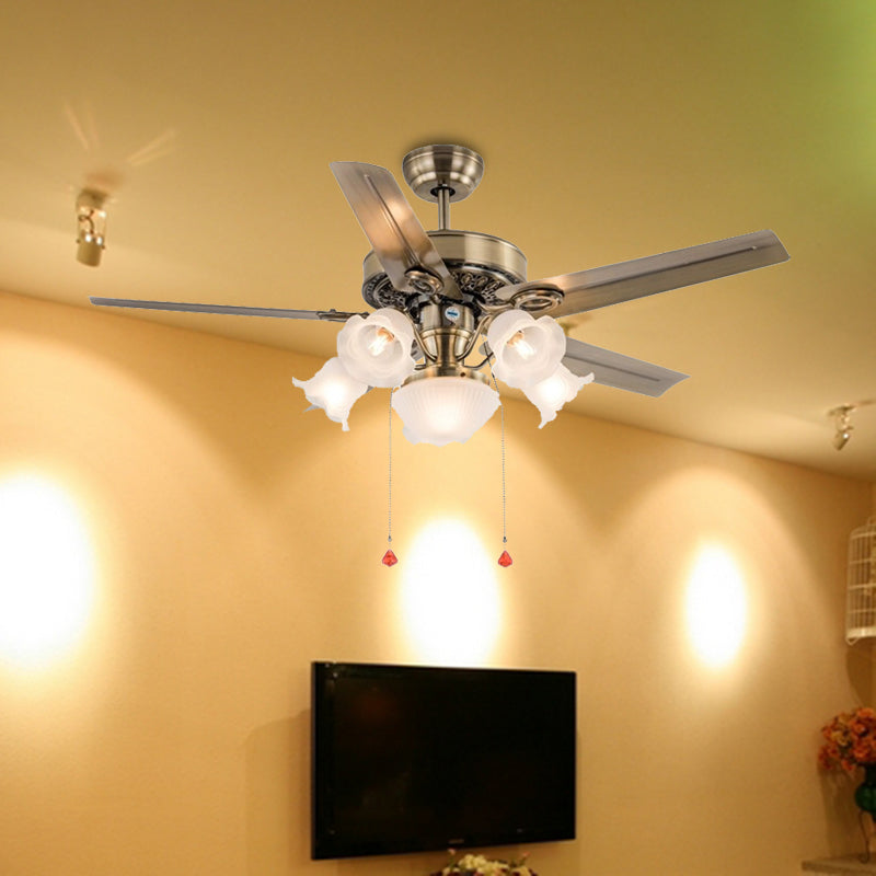 48" Wide 6 Heads Ceiling Fan Light Traditional Living Room 5 Blades Semi Flush Mount Lamp with Flower Milk Glass Shade in Brass, Pull Chain/Remote/Wall Control Brass Clearhalo 'Ceiling Fans with Lights' 'Ceiling Fans' Lighting' 407089
