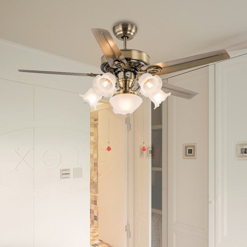 48" Wide 6 Heads Ceiling Fan Light Traditional Living Room 5 Blades Semi Flush Mount Lamp with Flower Milk Glass Shade in Brass, Pull Chain/Remote/Wall Control Clearhalo 'Ceiling Fans with Lights' 'Ceiling Fans' Lighting' 407090